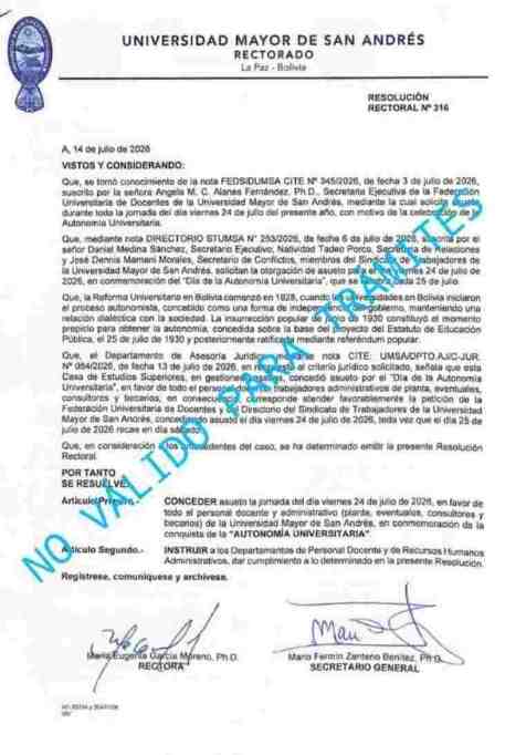 La UMSA declara asueto este viernes 24 de julio en conmemoración a la Autonomía Universitaria