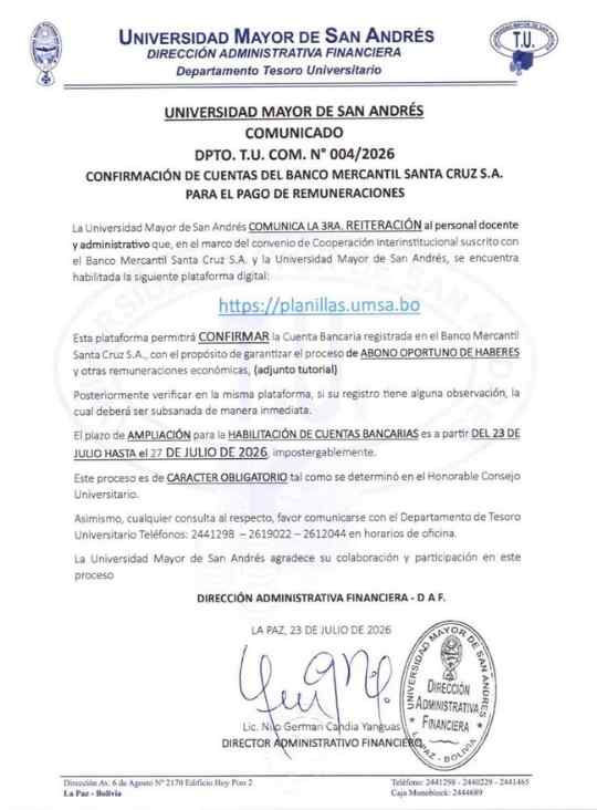 CONFIRMACIÓN DE CUENTAS DEL BANCO MERCANTIL SANTA CRUZ S.A. PARA EL PAGO DE REMUNERACIONES.
